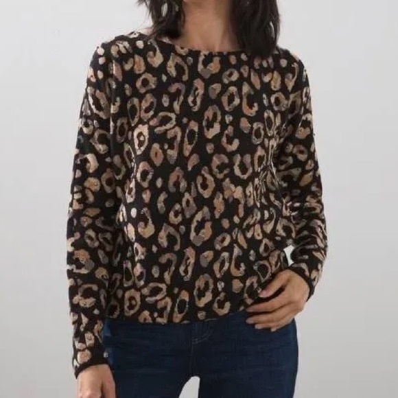 Chicos Embellished Animal Print Sweater Womens 3 (XL) Faux Gold Pearls - Picture 1 of 10